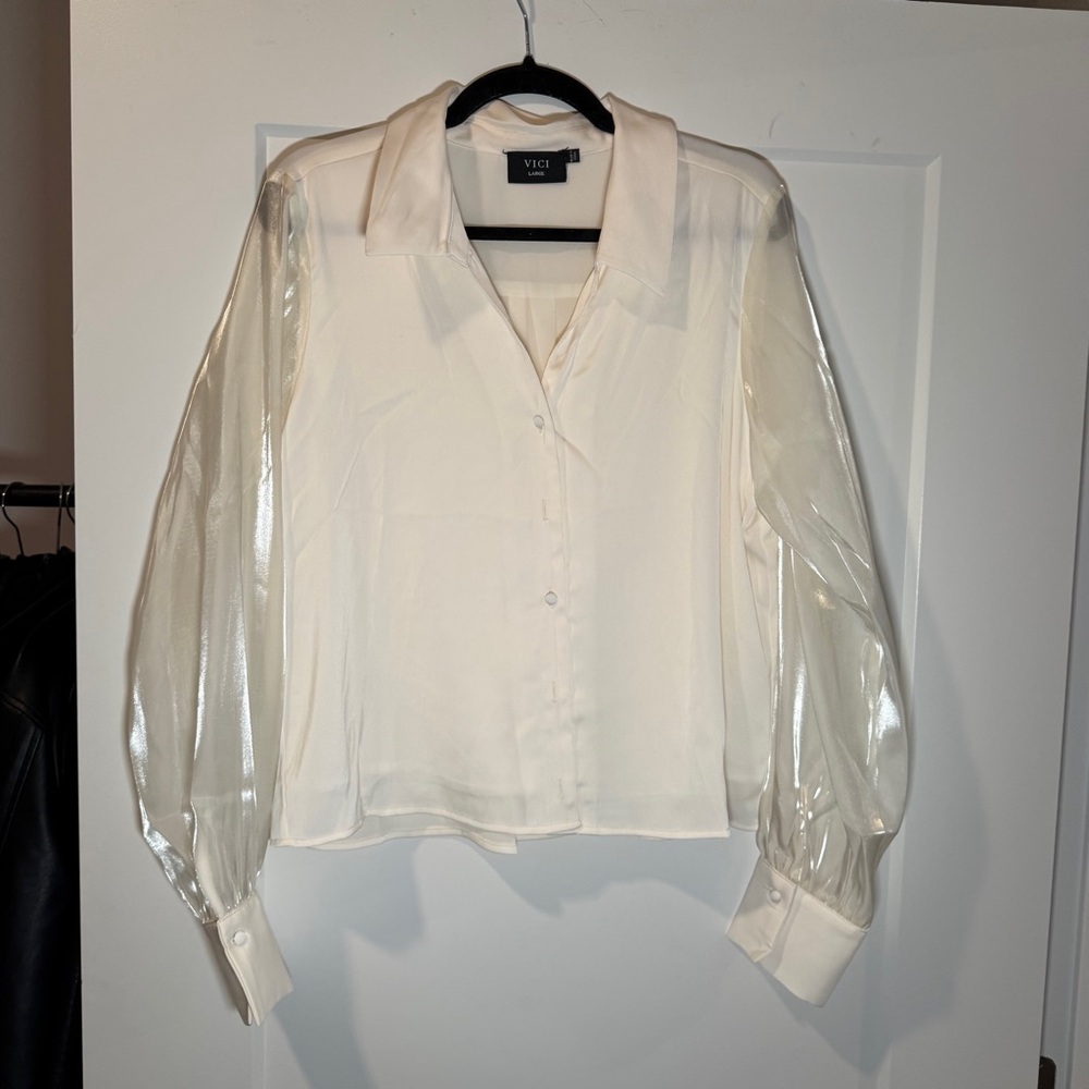 Vici Ivory Blouse with Sheer Sleeves